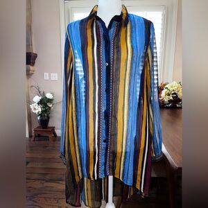 Button Down Striped Sheer Schiffon tunic High Low Versatile, Artsy lagoonlook L